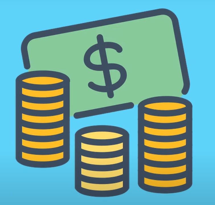  A cartoon image depicts a dollar and stacks of coins.